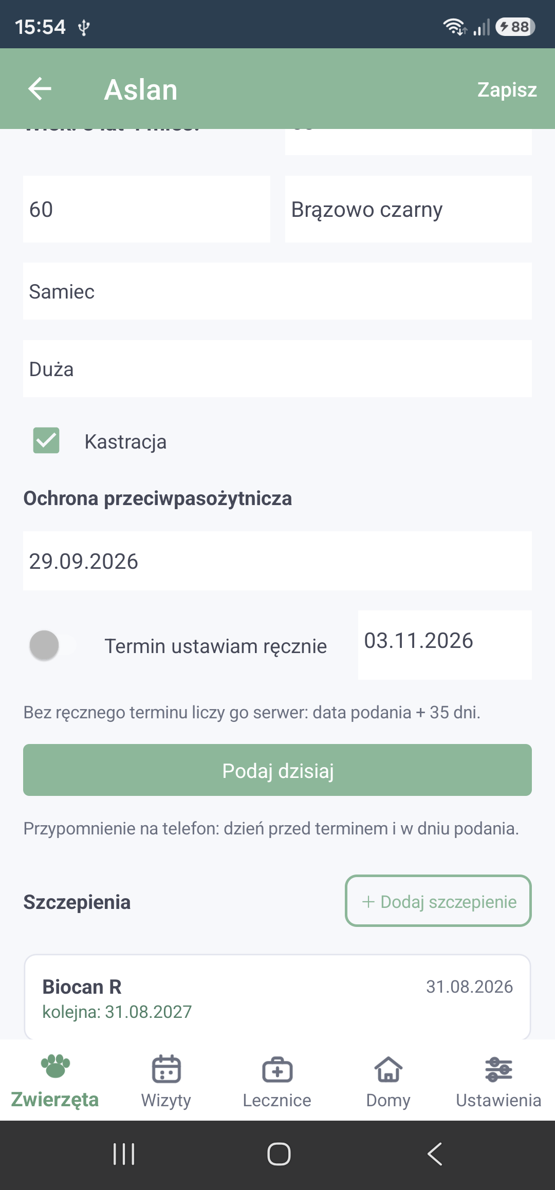 Ochrona przeciwpasożytnicza z terminem liczonym przez serwer i szczepienia z datą kolejnej dawki
