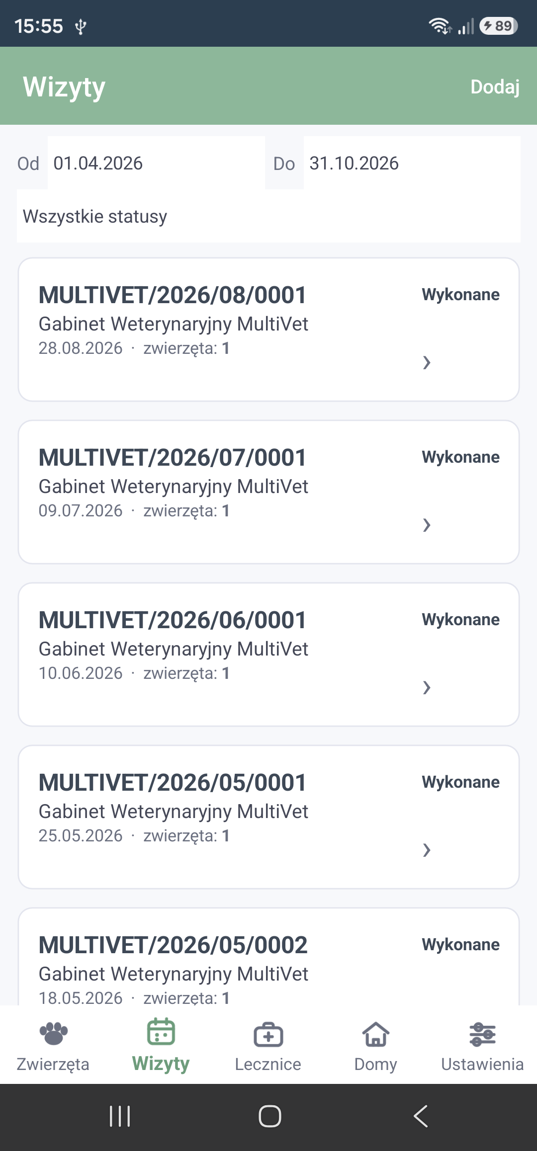Wizyty u weterynarza z filtrem dat i statusu