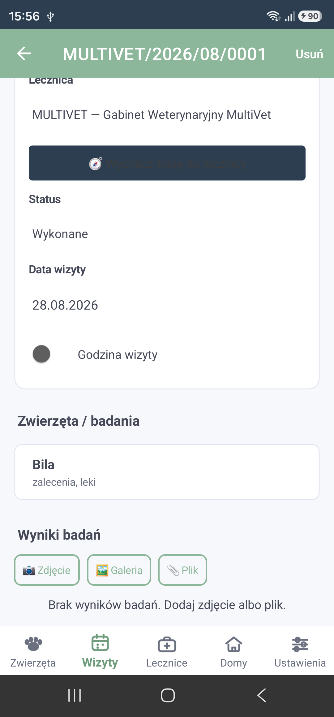 Wizyta: lecznica z trasą, status, zwierzęta z badaniami i wyniki badań jako zdjęcie albo plik