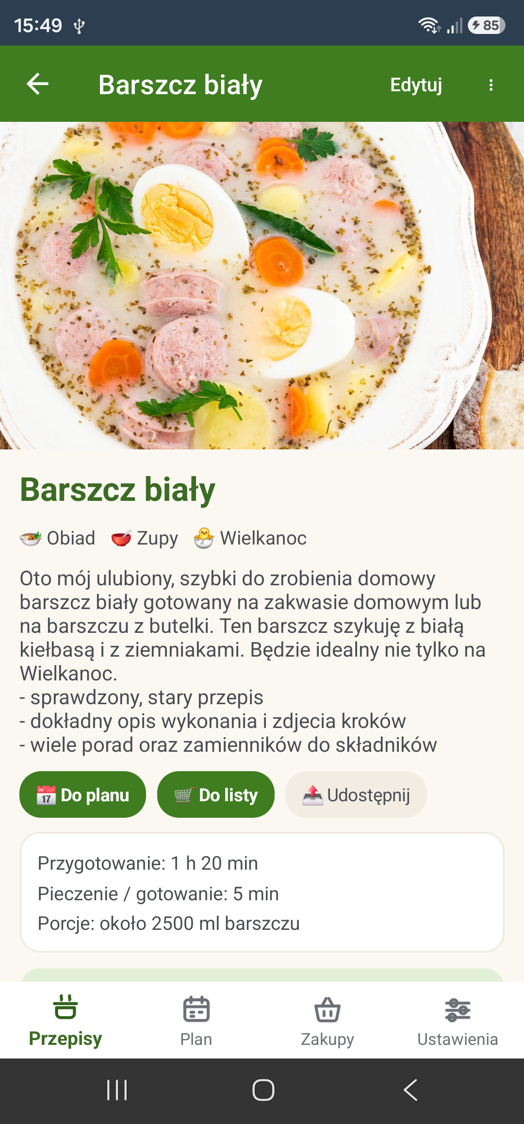 Karta przepisu: zdjęcie, etykiety, opis i przyciski „Do planu”, „Do listy”, „Udostępnij”