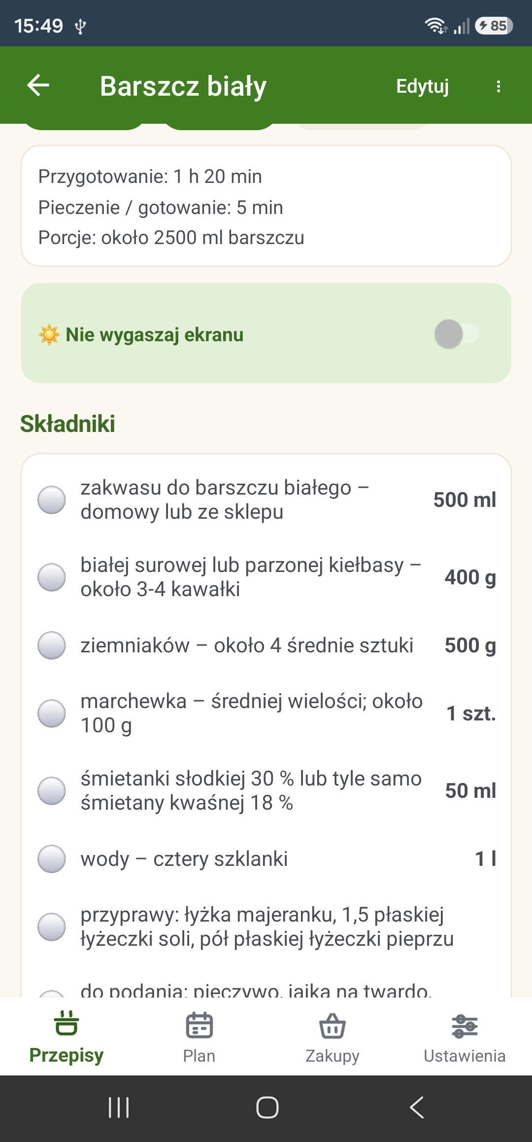 Składniki do odhaczania przy gotowaniu i „Nie wygaszaj ekranu”