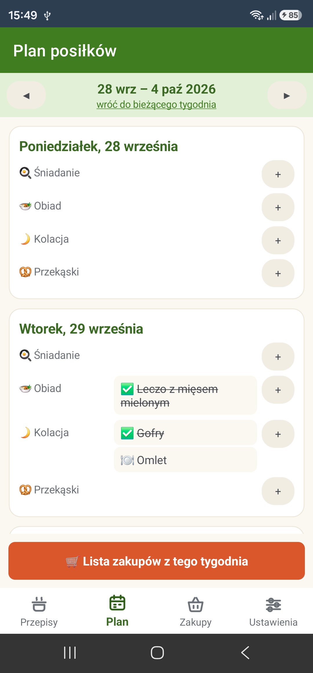 Plan posiłków na tydzień: śniadanie, obiad, kolacja i przekąski; lista zakupów z całego tygodnia jednym przyciskiem