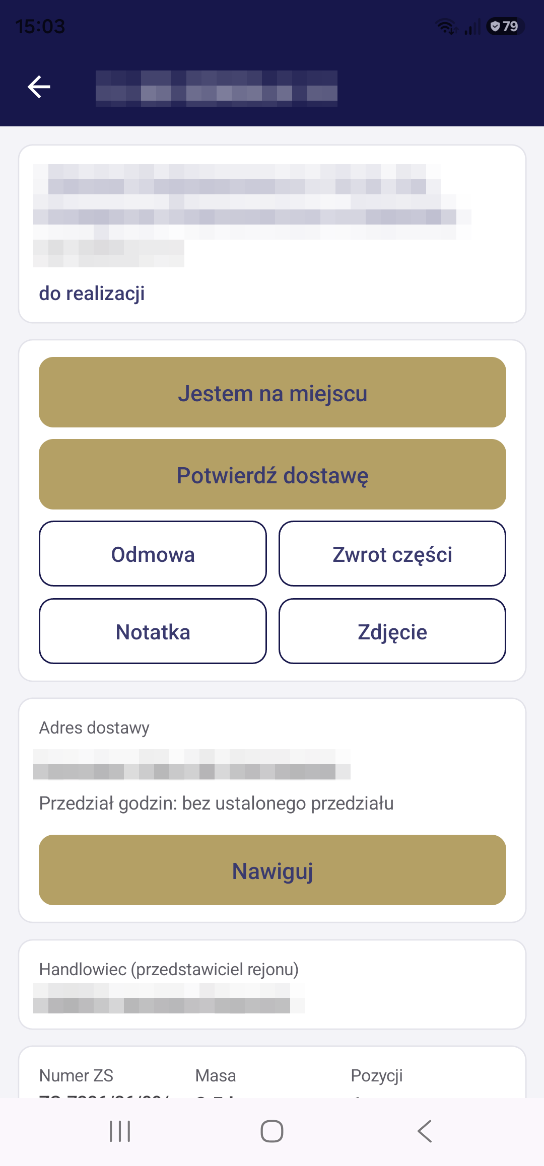 Karta dostawy: przyjazd, potwierdzenie, odmowa, zwrot, notatka i zdjęcie; adres z nawigacją