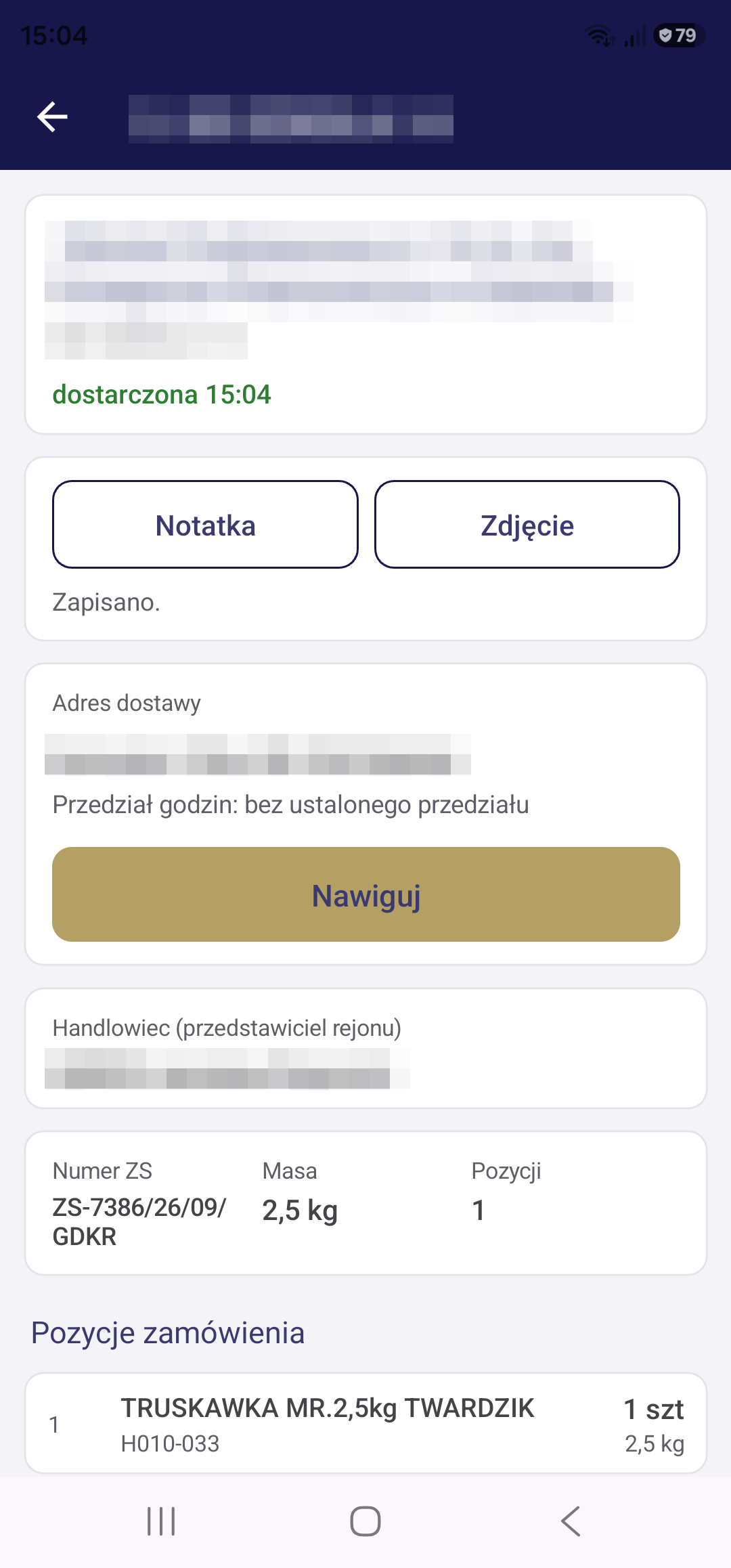 Dostawa potwierdzona — godzina doręczenia i pozycje zamówienia