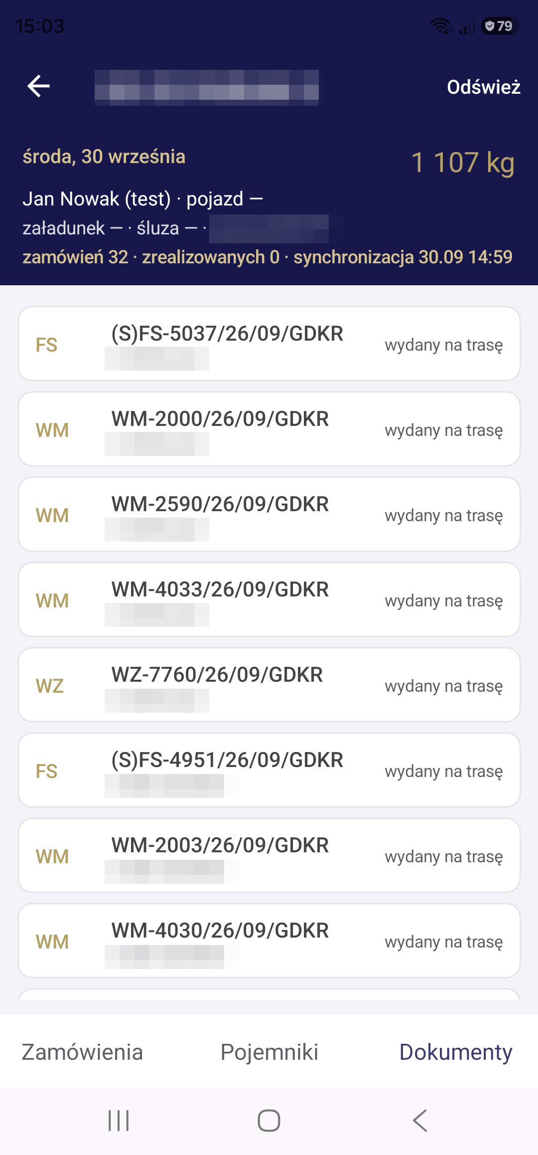 Dokumenty wydane na trasę: faktury, WZ i WM do rozliczenia po powrocie