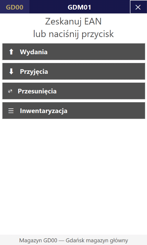 Okno główne: magazyn i operator na pasku, cztery duże przyciski
