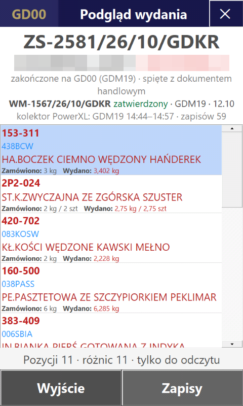 Podgląd zakończonego wydania: dokument WM, kto wydał, zamówiono i wydano