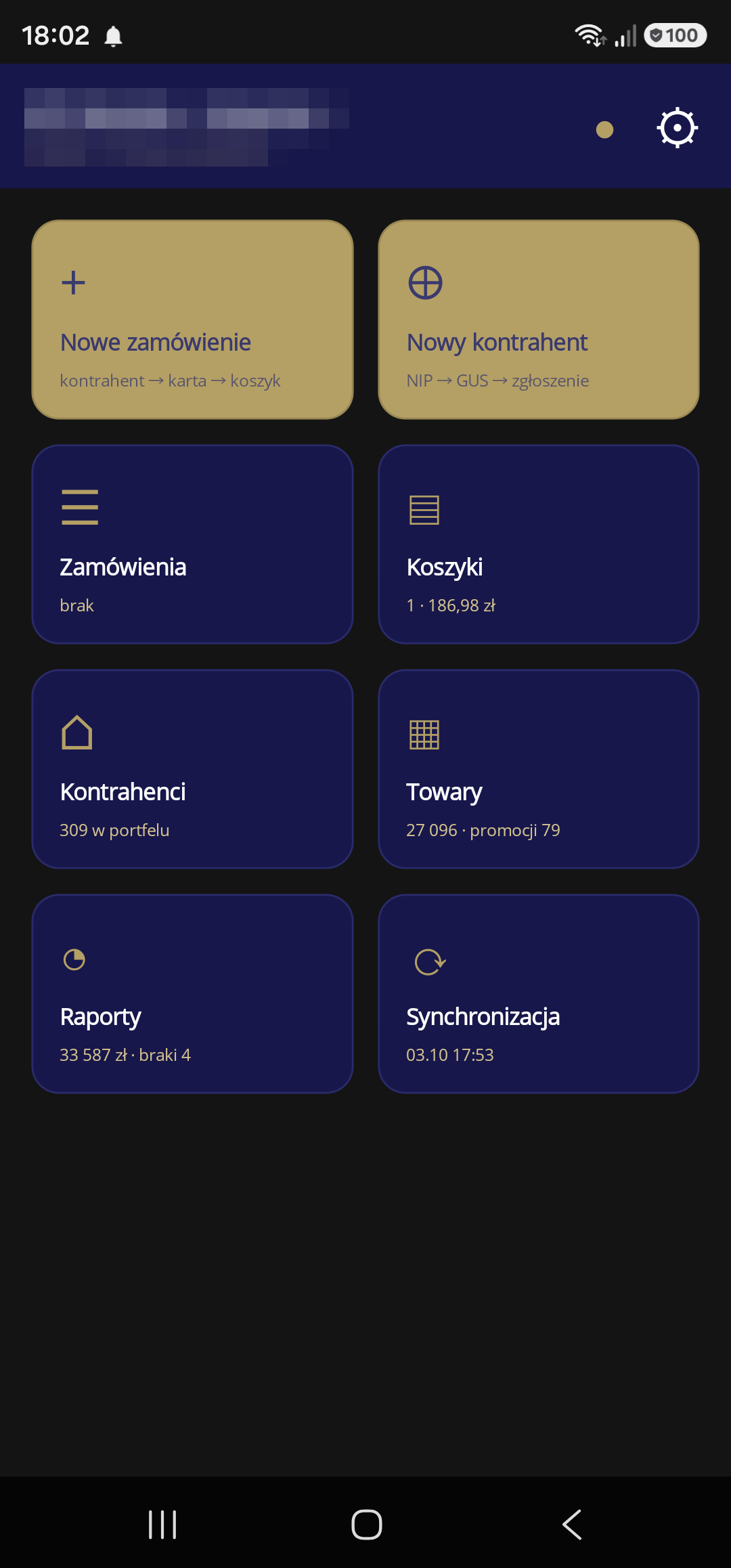 Ekran główny: zamówienia, koszyki, kontrahenci, towary, raporty, nowy kontrahent i synchronizacja; oddział przełącza się w tytule, konfiguracja pod ⚙