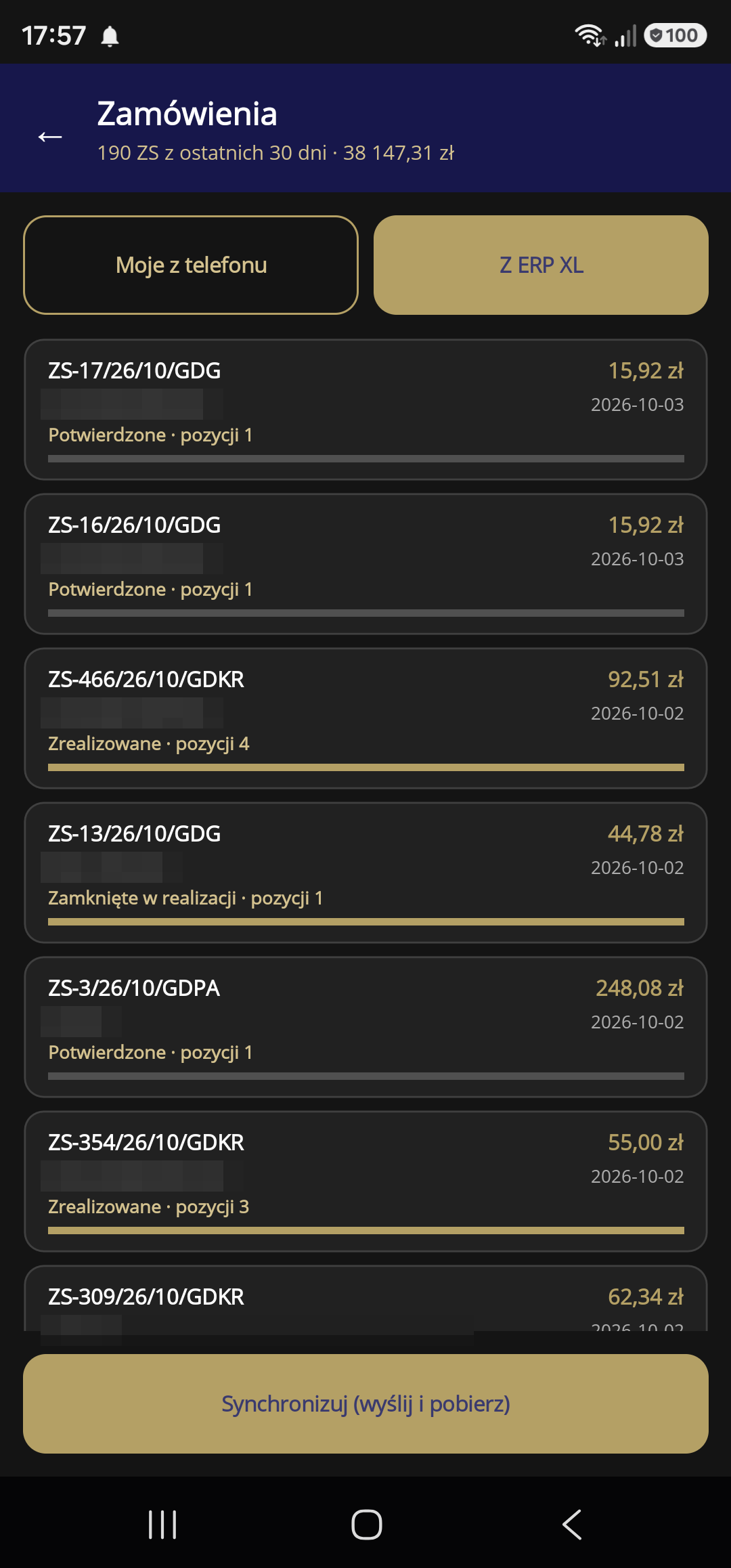 Zamówienia z ERP XL ze stanem realizacji