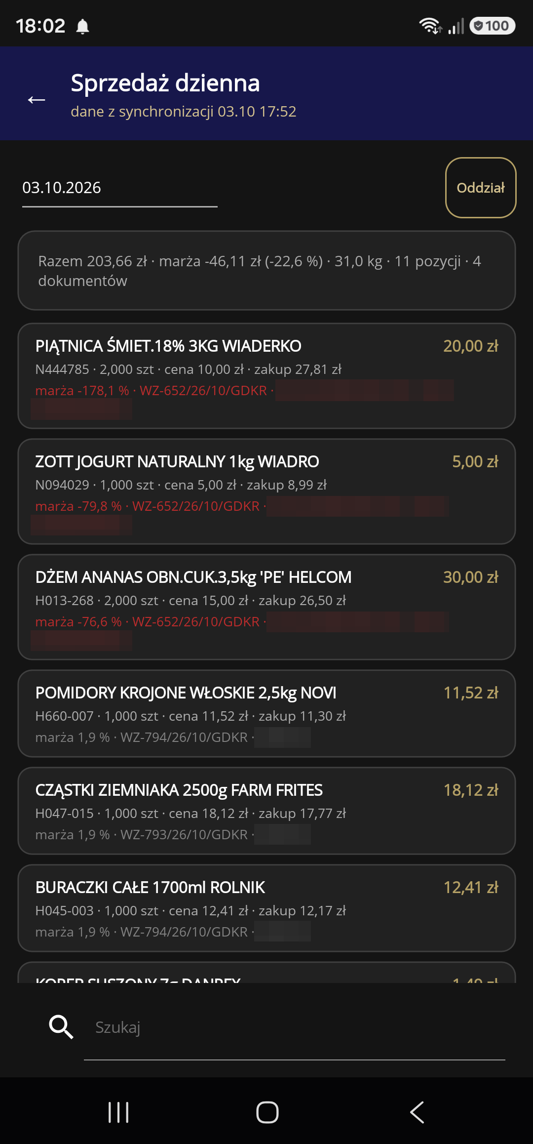 Sprzedaż dzienna od najniższej marży, z numerem dokumentu, kontrahentem i trasą