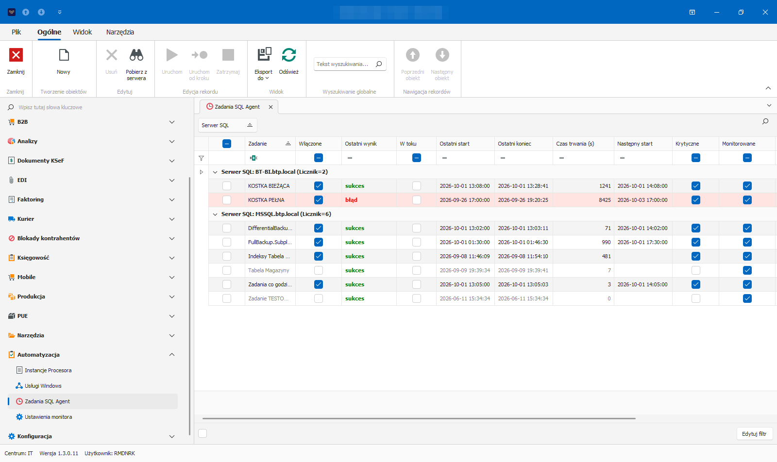 Zadania SQL Agent: ostatni wynik, czas trwania i następny start