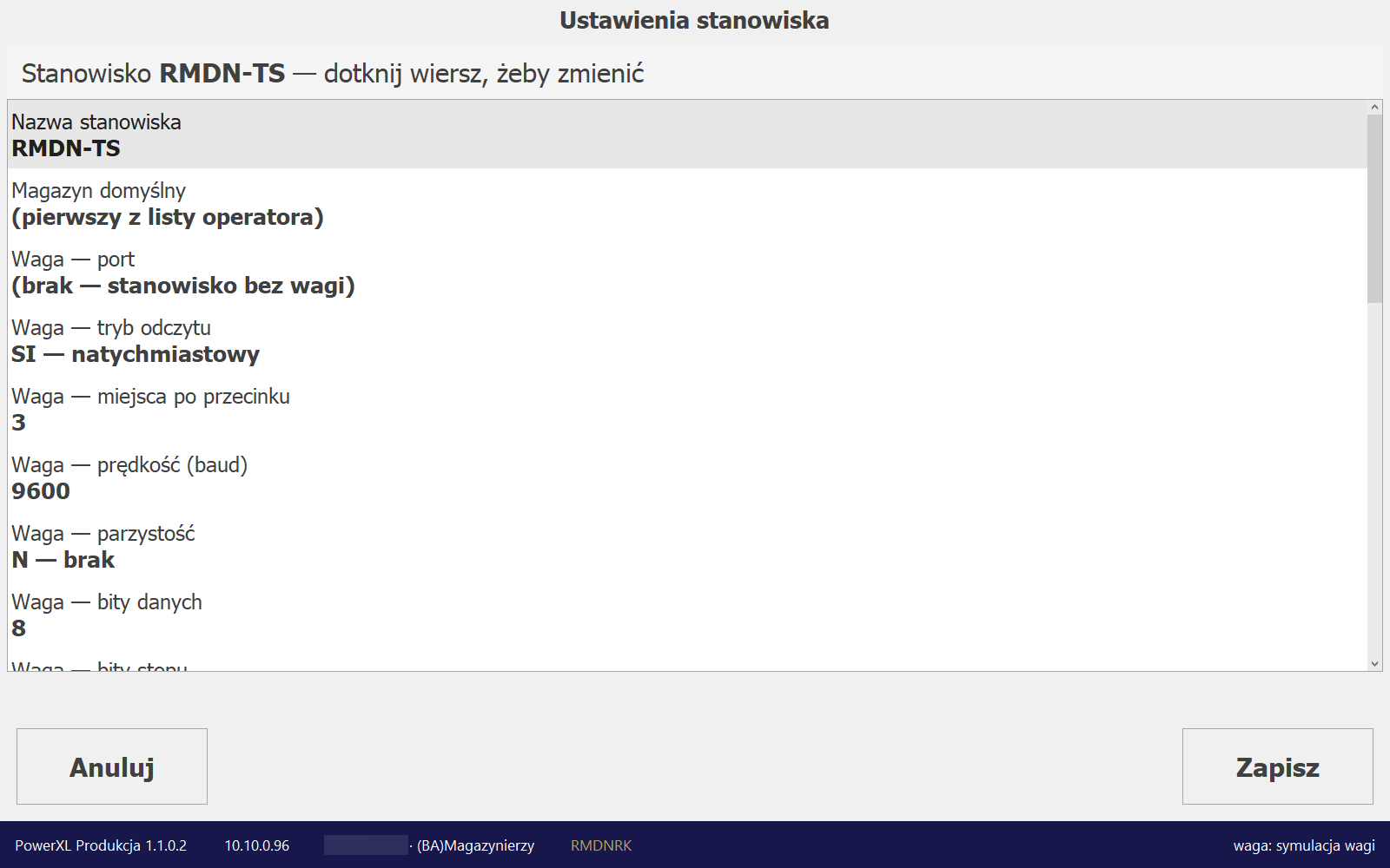 Ustawienia stanowiska: magazyn domyślny i parametry wagi
