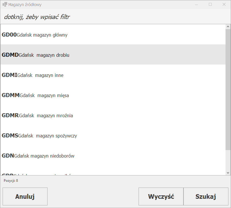 Wybór magazynu z listy pod palec, z filtrem
