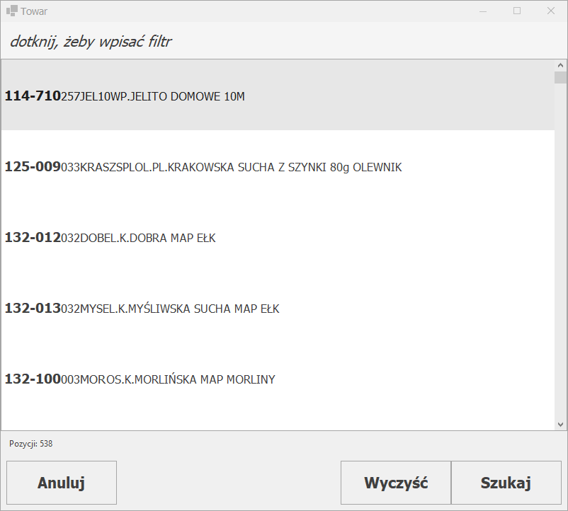 Lista towarów, które mają zasób na magazynie źródłowym