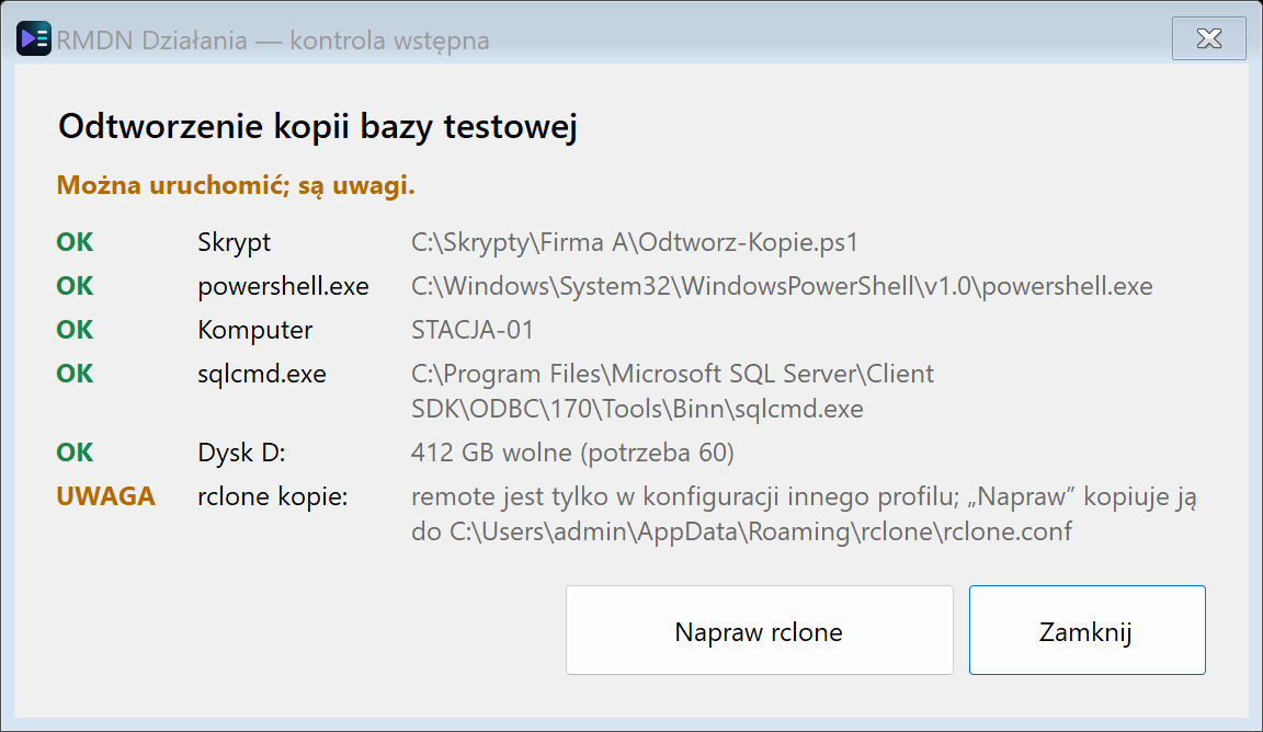 Kontrola wstępna przed startem: skrypt, programy, komputer, wolne miejsce, konfiguracja rclone
