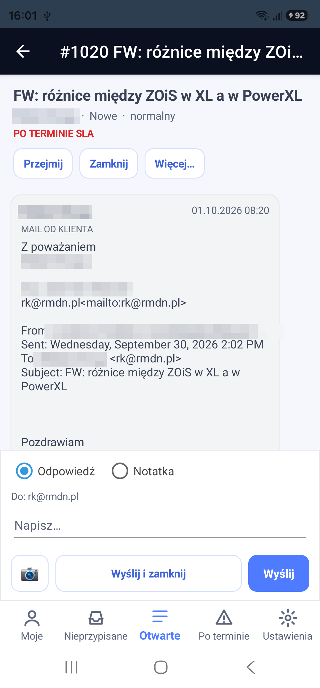 Zgłoszenie: wątek korespondencji, „Przejmij”, „Zamknij” i odpowiedź mailem albo notatka wewnętrzna