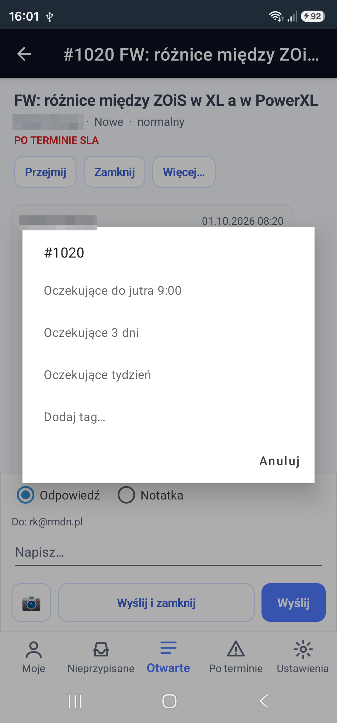 Odłożenie zgłoszenia jako oczekującego i tagi