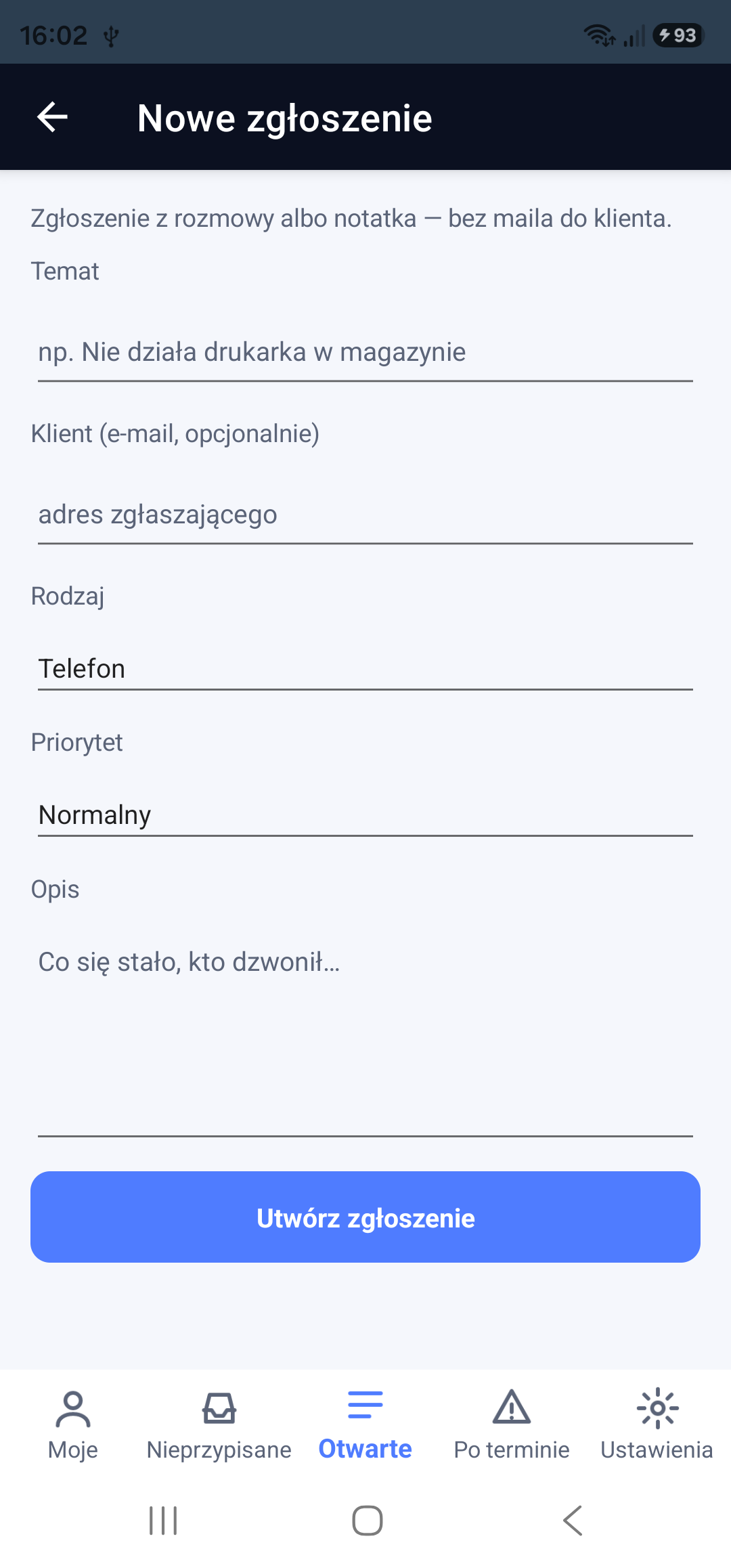 Nowe zgłoszenie z rozmowy telefonicznej albo notatka — bez maila do klienta