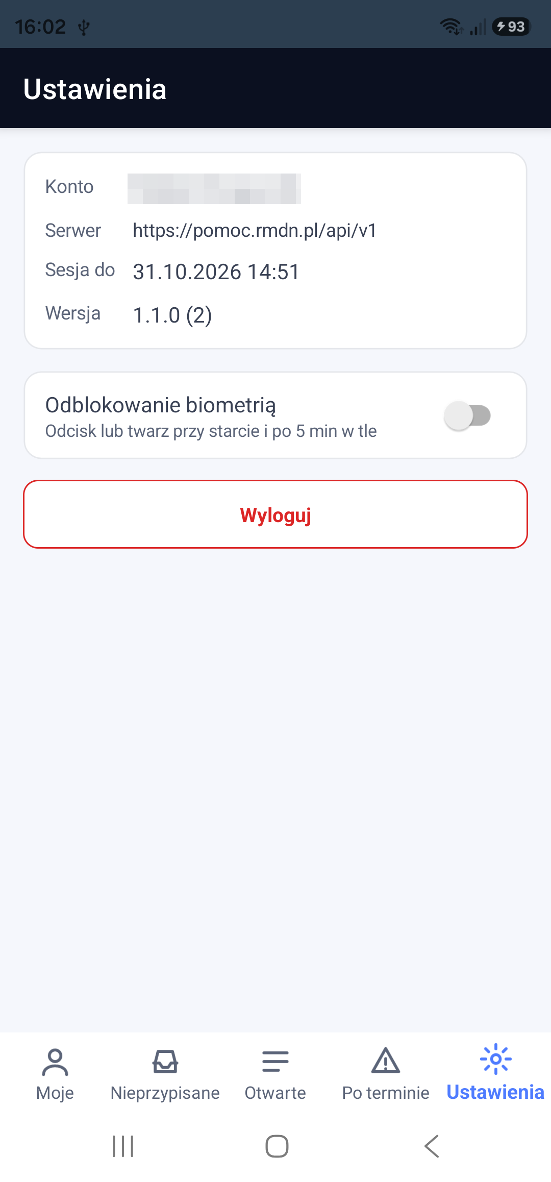 Ustawienia: konto, serwer, ważność sesji, wersja i odblokowanie biometrią