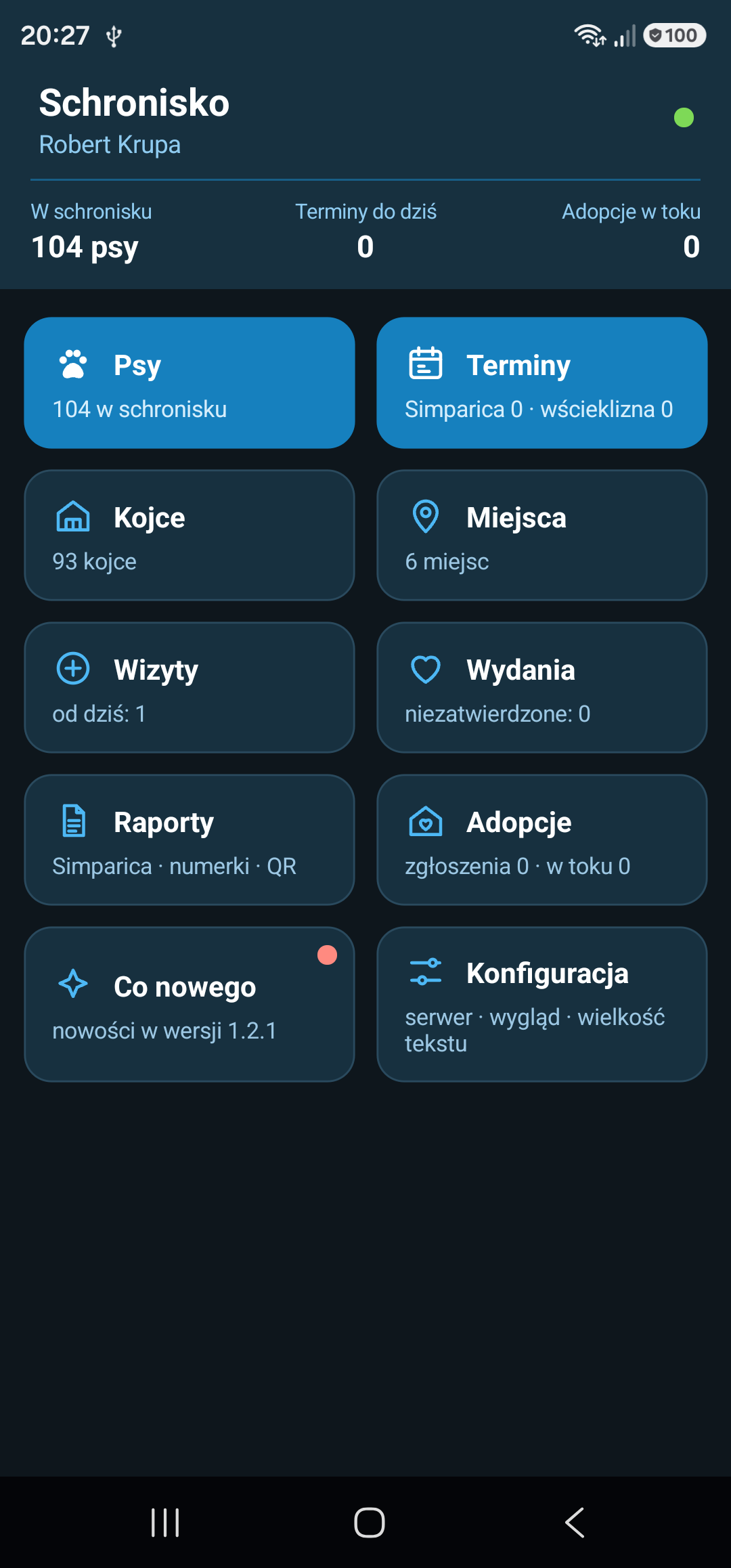 Ekran startowy: liczby psów w schronisku, terminów do dziś i adopcji w toku oraz kafelki wszystkich modułów