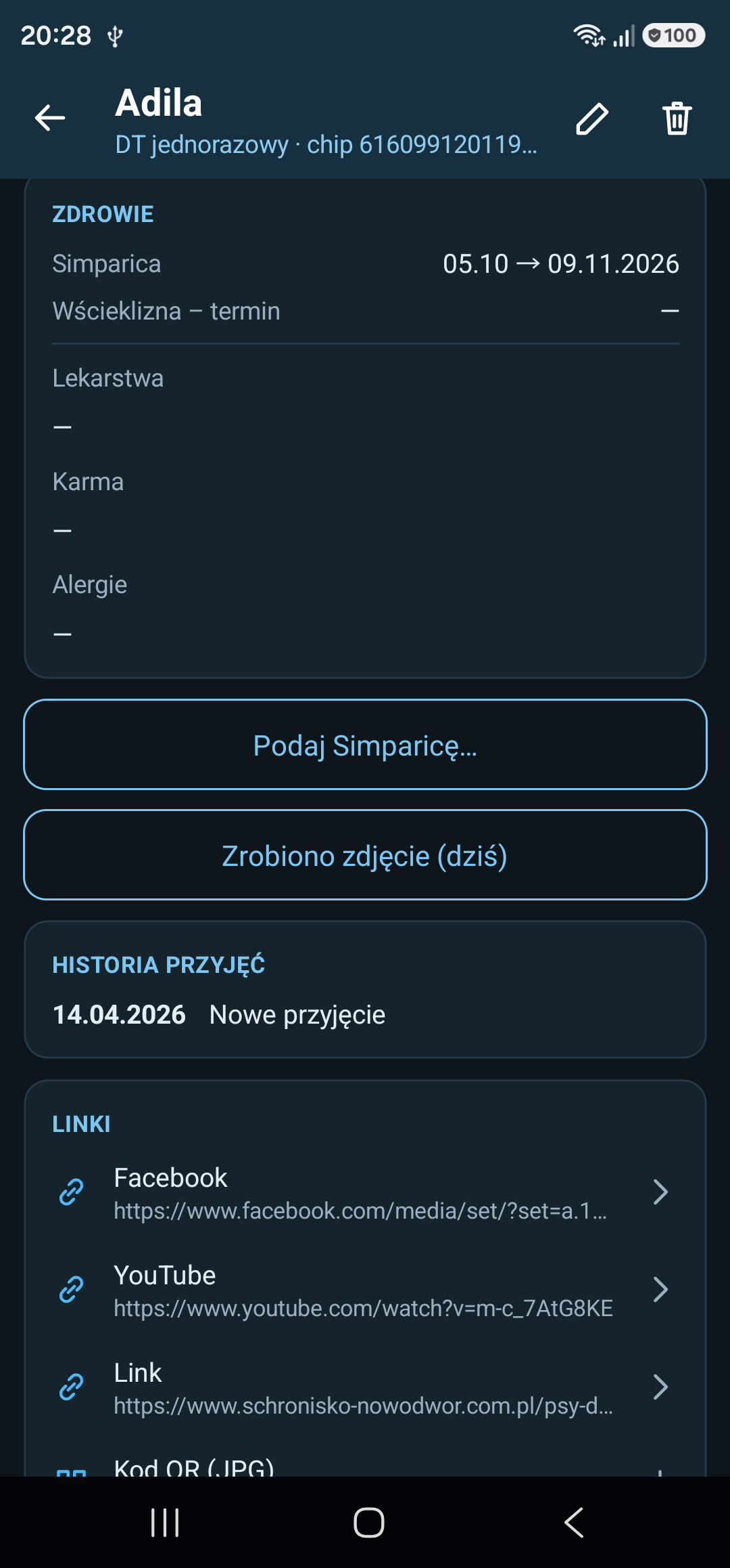 Karta psa: terminy Simpariki i szczepienia, leki, karma, alergie, „Podaj Simparicę” z datą podania, historia przyjęć i linki do ogłoszeń