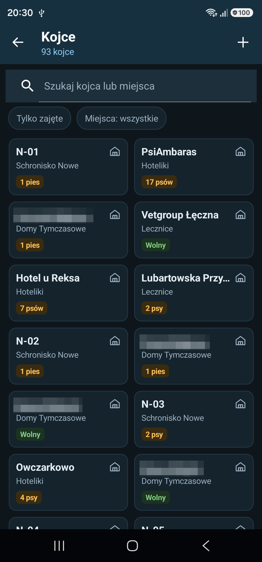 Kojce: miejsce, liczba psów albo „Wolny”; filtr zajętych i miejsc