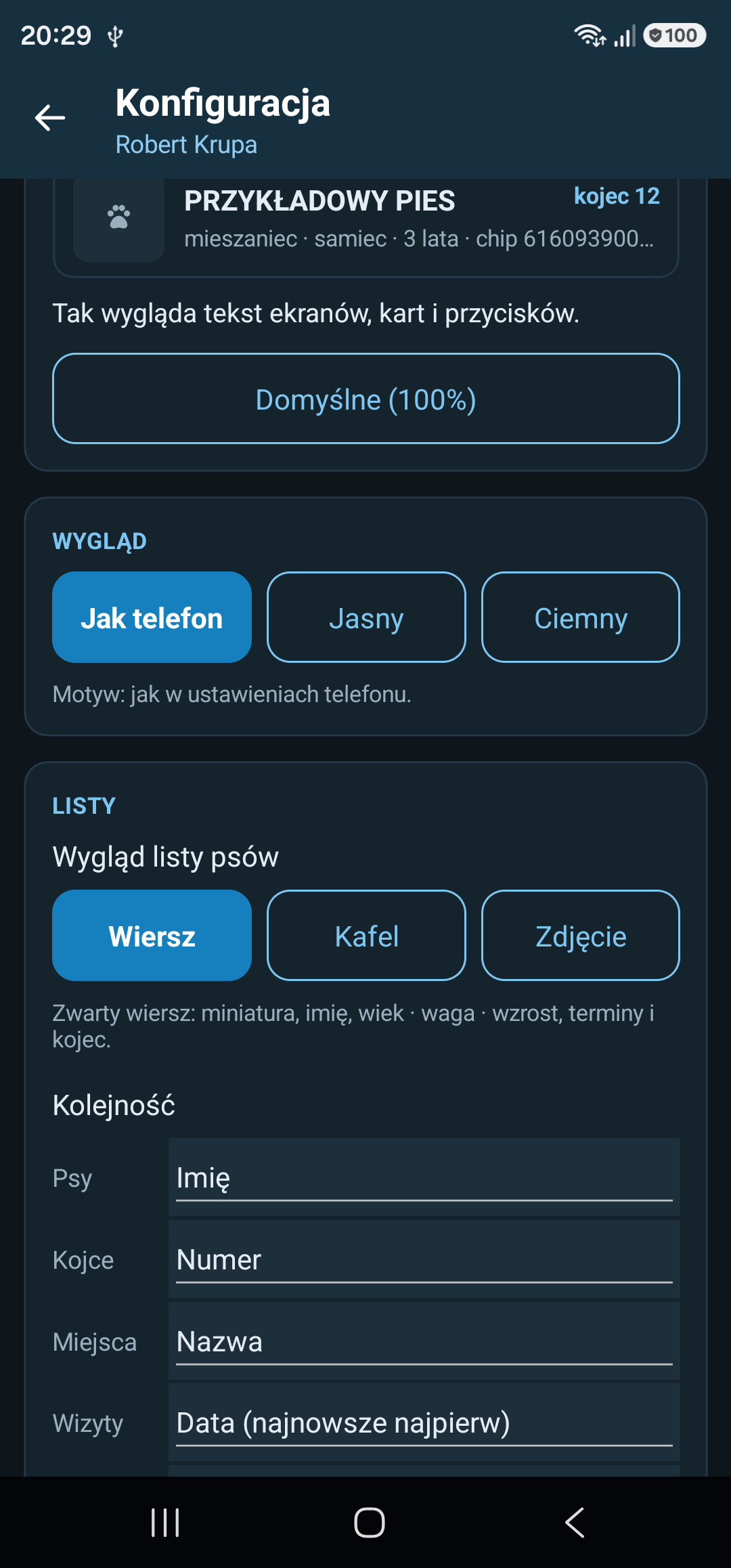 Konfiguracja: motyw jasny lub ciemny, wygląd listy psów i kolejność każdej listy