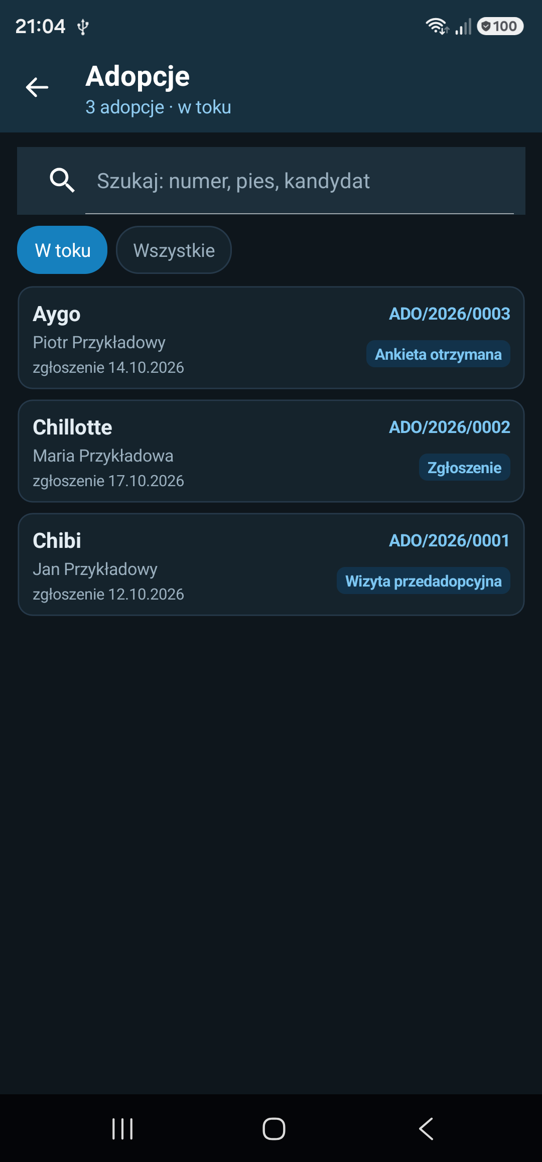 Adopcje w toku: pies, kandydat, numer sprawy, data zgłoszenia i etap
