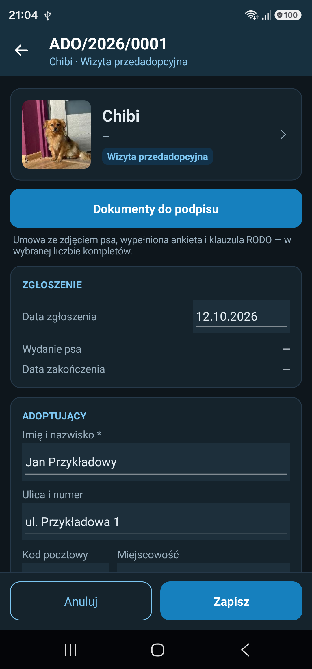 Karta adopcji: pies, etap, dokumenty do podpisu w PDF i dane adoptującego
