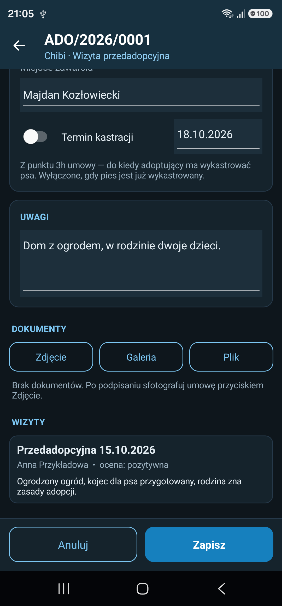 Karta adopcji: skany dokumentów z aparatu, galerii albo pliku i wizyty przedadopcyjne z oceną