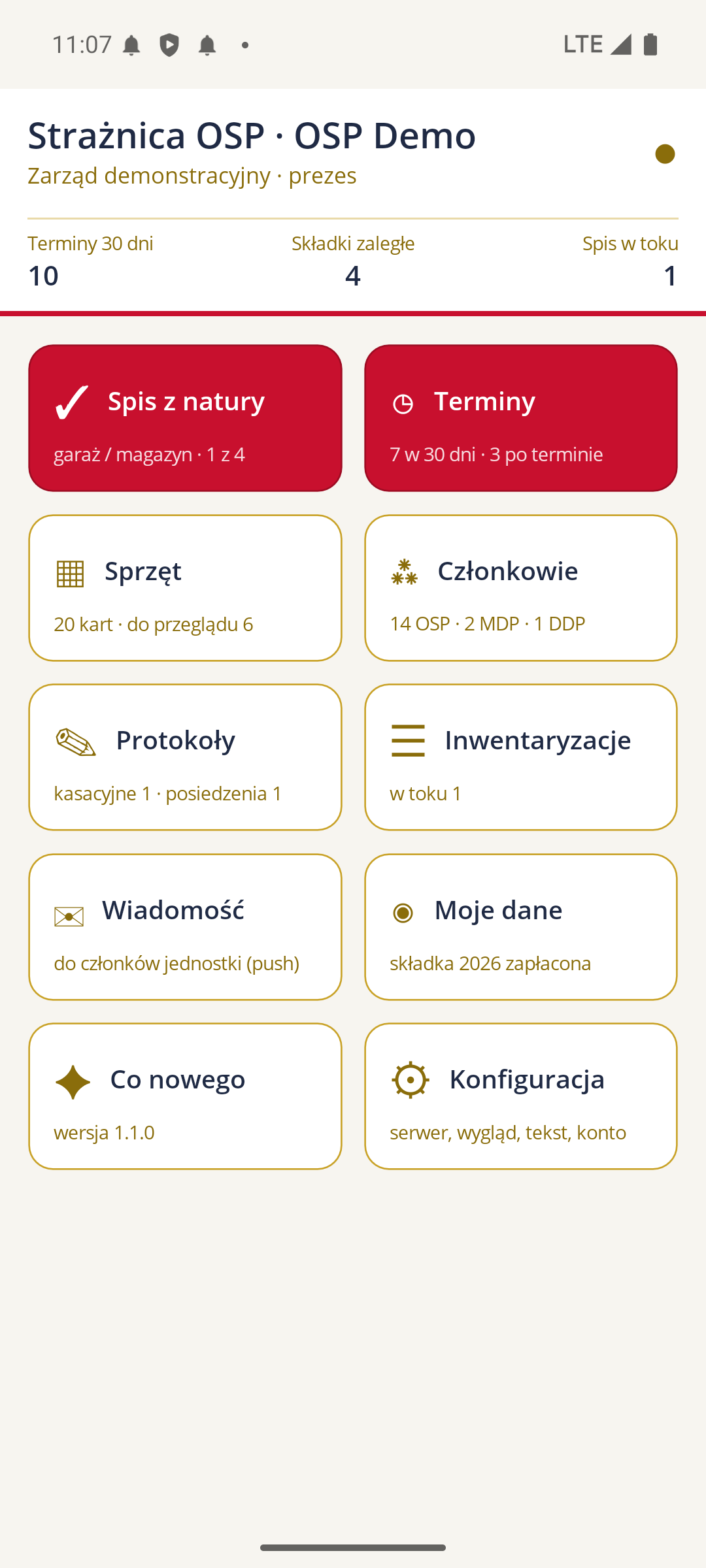 Ekran główny zarządu: kafle z liczbami i pasek najbliższych terminów, składek i spisu w toku