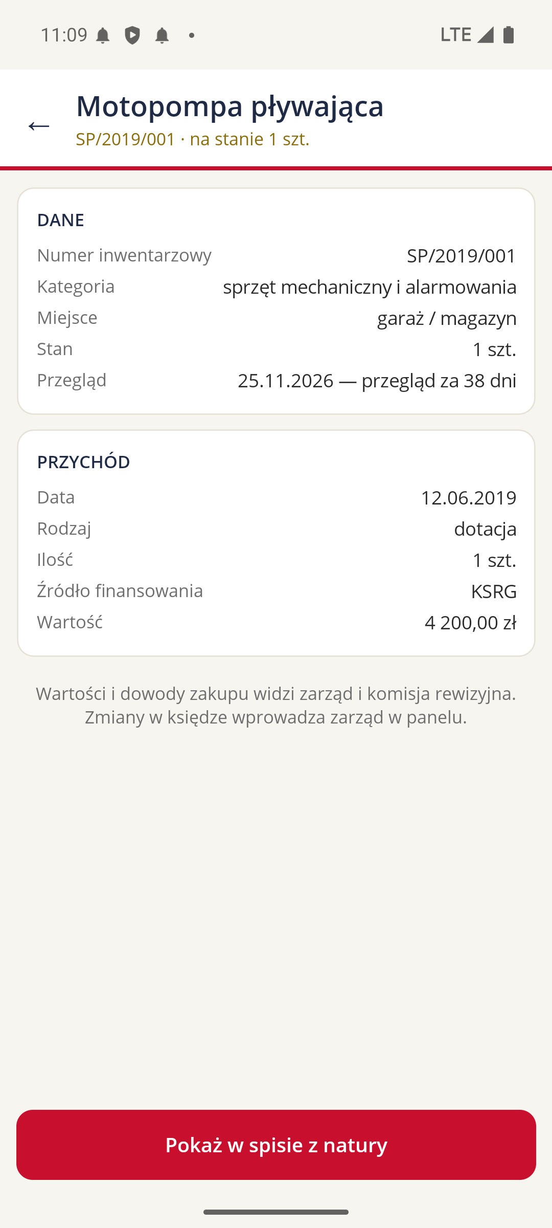 Karta sprzętu: numer inwentarzowy, miejsce, termin przeglądu oraz przychód z wartością i źródłem finansowania