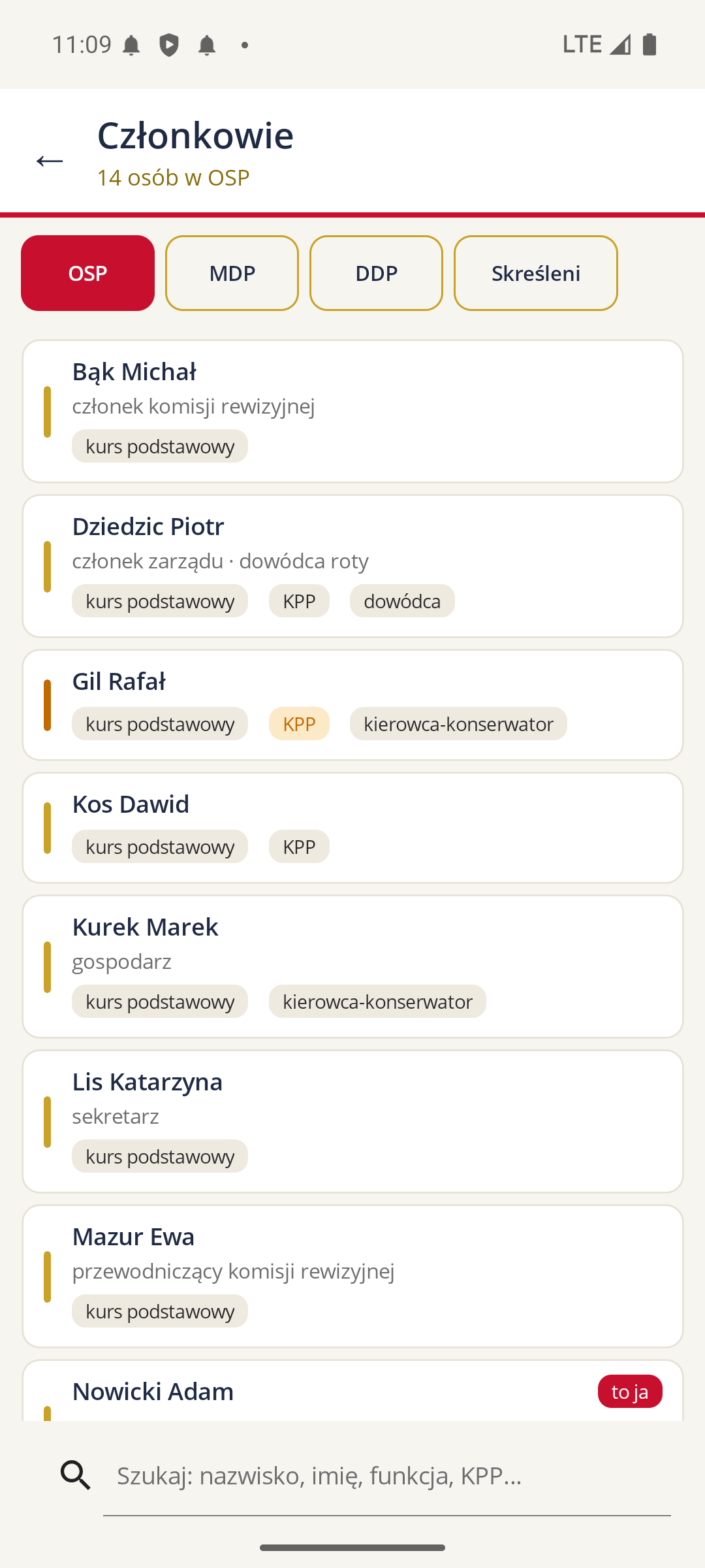 Członkowie: zakładki OSP, MDP, DDP i Skreśleni, funkcje i znaczki kwalifikacji