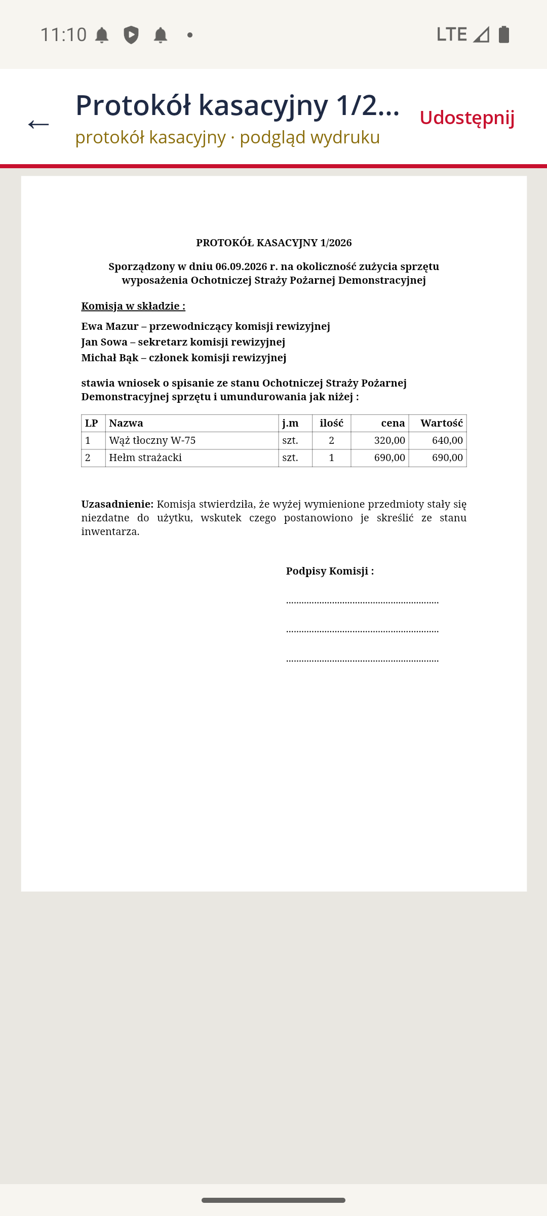 Podgląd protokołu kasacyjnego w układzie do wydruku, z udostępnianiem