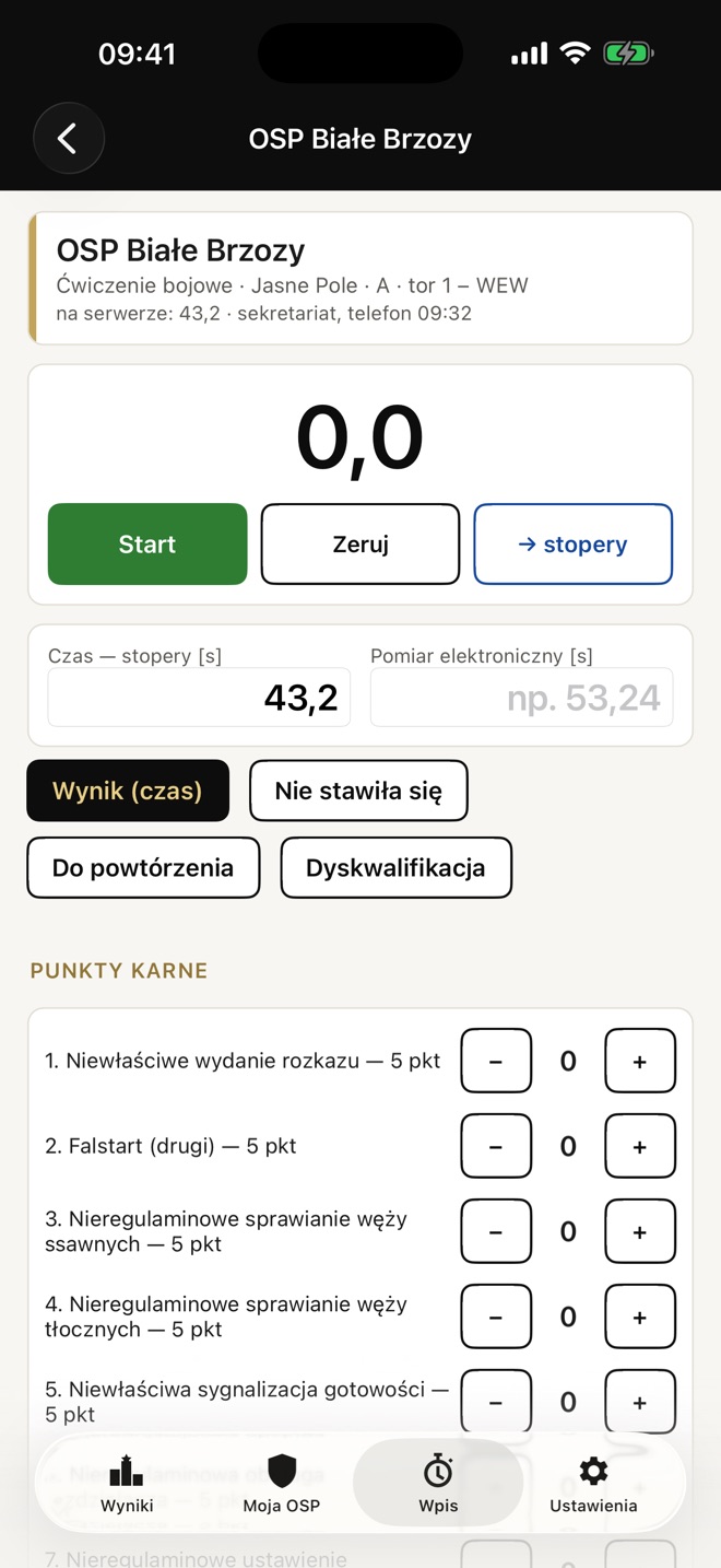 Arkusz ocen: stoper, czas ze stoperów albo pomiaru elektronicznego i kary z katalogu
